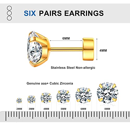 Uboory 6 Pairs Stud Earrings Set, Hypoallergenic Cubic Zirconia 316L Earrings Stainless Steel Cz Earrings Gold #TOP1