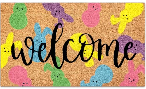 JarThenaAMCS Easter Natural Coir Doormat Colorful Bunny Rabbit Floor Mat Non-Slip Entrance Door Rugs for Indoor Outdoor Home Bathroom Decor, 16.5 x 29 Inch