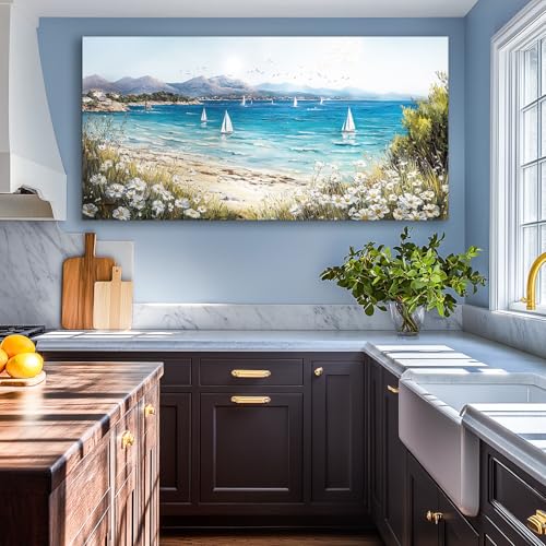 SERIMINO Beach Landscape Wall Art, Seaside Scenery Extra Large Canvas Wall Pictures, Wildflower Nature Decor Painting, Bright House Decorations Living Room Bedroom Rustic Wall Decor Art Prints 30"X60"