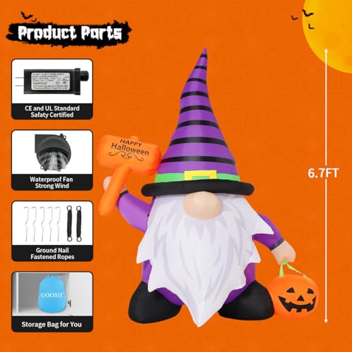 Image of GOOSH 6.7 FT Halloween Gnome Inflatables with Pumpkin Outdoor Decorations Gnome Blow Up Yard Built-in LED Lights for Halloween Party Indoor Outdoor Yard Garden