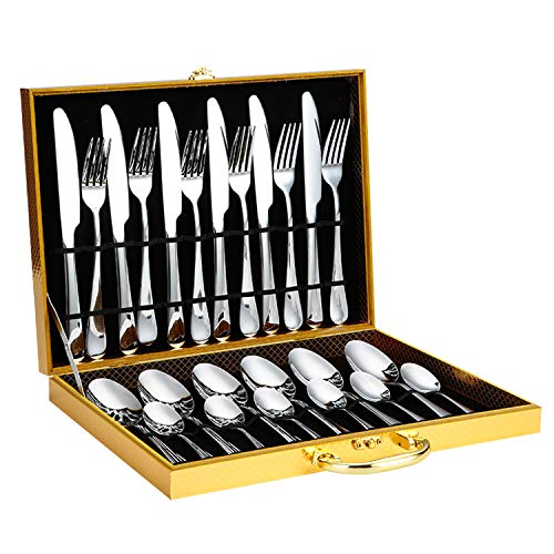 Havitar 24 Piece Silverware Set, Flatware set,Stainless steel cutlery set, silverware set, rose gold set, multicolor setï¼ŒInclude Knife/Fork/Spoon/Steak Knife (Silver)