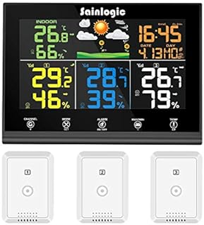 Sainlogic Funk Wetterstation mit 3 Außensensoren, Wettervorhersage, Farbdisplay, Funk Thermometer Hy-grometer mit Außensensor
