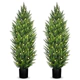Briful 4ft Cedar Topiary Trees Artificial Outdoor Set of 2 Realistic Faux Cedar Trees with LED Lights, UV Resistant Fake Shrubs Cypress Trees, Fake Outdoor Trees for Home Farmhouse Front Door Decor