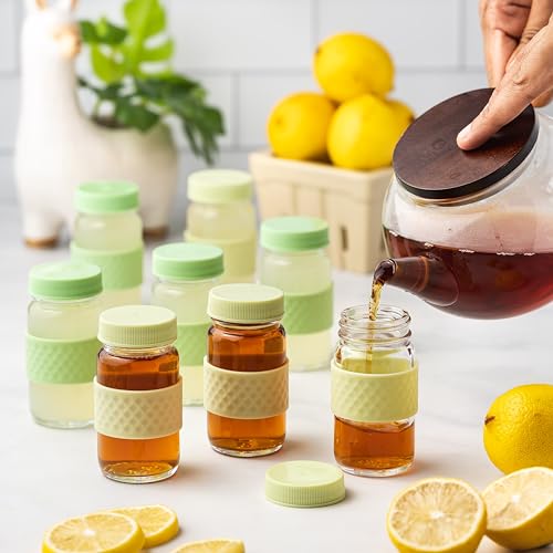 Juice Shot Containers, Glass, Clear, 2oz, Colored Lids & Silicone Grip Bands, Beverage Storage, Juicing, Ginger & Turmeric Bottles