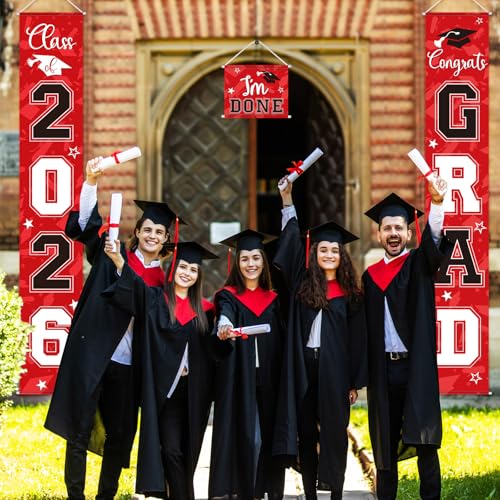 Image of Moukeren 3 Pieces 2026 Graduation Party Decorations Graduation Porch Sign Class of 2026 Grad Hanging Porch Banner Backdrop Door Sign for Grad Party Home Door Wall Decor(Red and Black)
