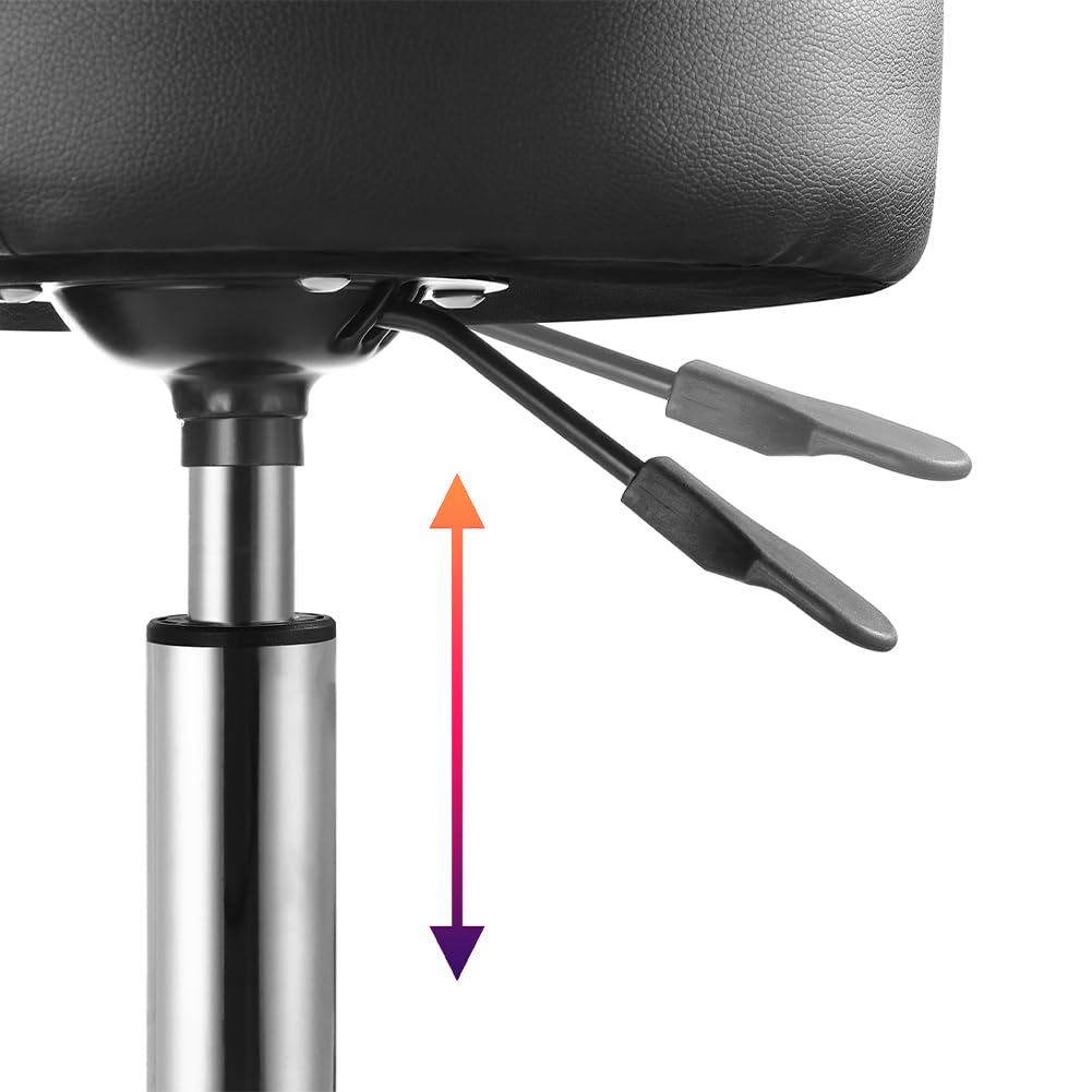 BAKAJI Taburete con ruedas redondas, asiento de piel sintética y base de acero giratorio de 360°, altura ajustable, acolchado con grosor de 10 cm, ideal para casa, esteticista, estudio médico (negro)