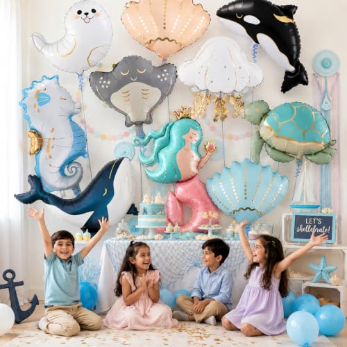 Image of Ocean Sea Animal Foil Balloons Set, 10 Pieces, Mermaid Theme