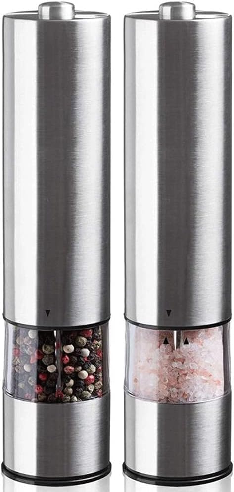 Electric Pepper and Salt Grinder Set with LED Light, Battery Operated - Stainless Steel, Ceramic Grinders, Adjustable Coarseness, 2 Pack