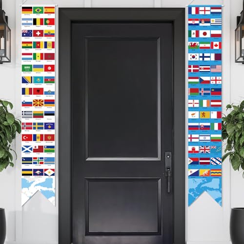 Image of Hooqict 2Pcs World Flags Banner Porch Sign International Country Flags for Travel Around the World Party Decorations Classroom Soccer Birthday Party Supplies Welcome Sign