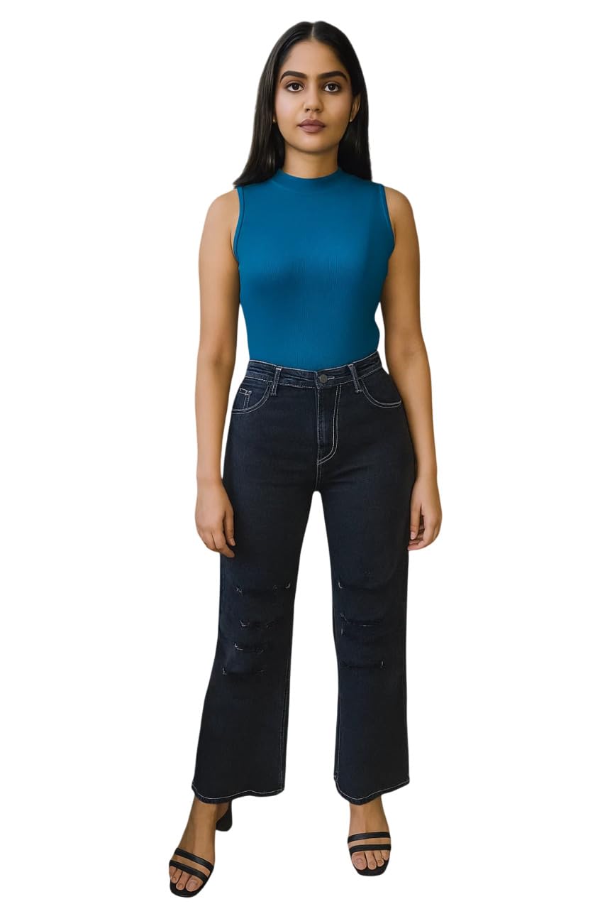 Women's Solid High Waist Regular Distressed Casual Ripped Denim Jeans for Womens-image-21