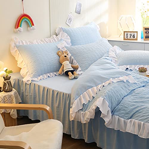 Wczdj Princess Style Ruffle Duvet Cover,Ultra Soft Seersucker Duvet Cover Set With Zipper Closure,Comfy Breathable Bedding Set For Girl-Blue 1.5M Bed Skirt #TOP12