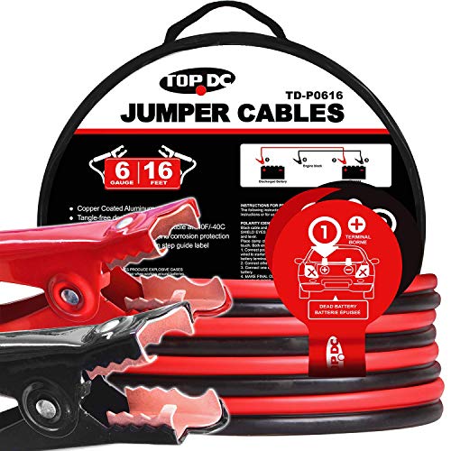 TOPDC Jumper Cables 6 Gauge 16 Feet Heavy Duty Booster Cables with Carry