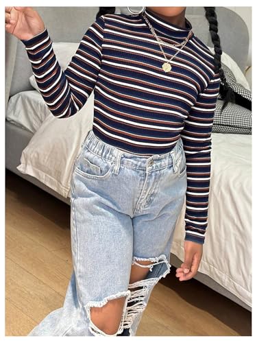 Floerns Girl's Striped Mock Neck T Shirts Long Sleeve Rib Knit Fitted Casual Tee Top2