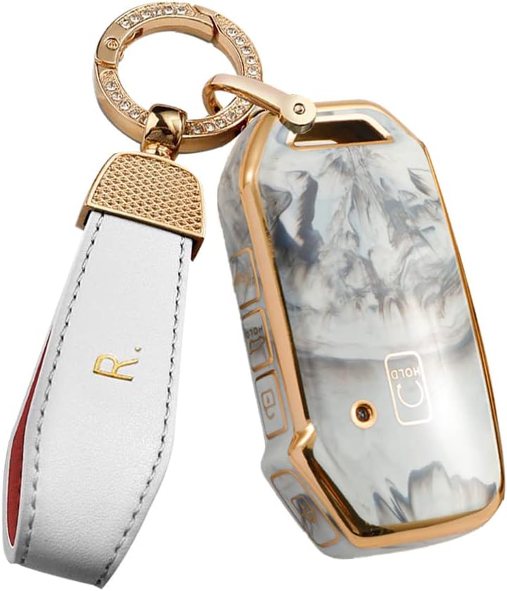 SANRILY Grey Jade Pattern Soft TPU 5 Button Key Fob Cover for Kia Soul K5 Seltos 2021 2022 Sorento Sportage Telluride Keyless Key Case Shell with Bling Leather Keychain
