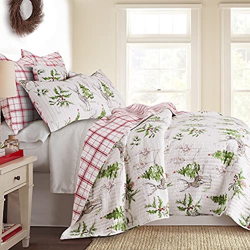 Levtex Home - Kołdra z dzwonkami do sań - Kołdra wakacyjna Full/Queen 88x92 - Choinka i Renifer - Czerwony Zielony Szary Biały - Dwustronny - Bawełna/Poliester