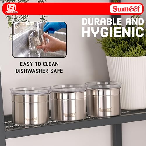 Image of Sumeet ISI Certified Stainless Steel Small Canisters /Dabba /Storage Containers for Kitchen with See Through Air Tight Lid - Set of 3 Pcs - 550ml, 10cm Dia, Silver