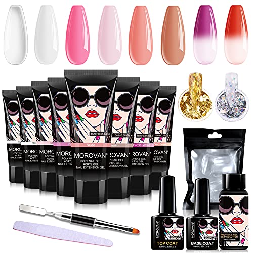 Morovan Poly Nail Gel Kit - 6 Nude Colors Nail Builder Extension Gel Trial Kit with 2 Temperature Color Changing Gel for Beginner Nail Art and Professional All-in-One French Kit