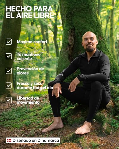 DANISH ENDURANCE Camiseta Térmica Manga Larga para Hombre, Capa Base Lana Merino, con o Sin Cremallera, Negro, L