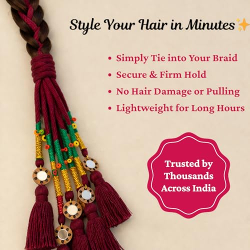 Image of Zippy Flora Handmade Boho Parandi / Paranda Traditional Hair Accessory for Women & Girls | Ethnic Braided Hair Tassels, Choti Hair Extension, Decorative Braid Jewelry for Festive & Wedding Hairstyles (Neelima Burgundy)