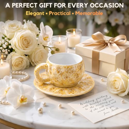 Image of NYRWANA Japanese Style Vintage Ceramic Coffee Cup & Saucer Set with Handle, 250ml Fancy Latte Art Tea Cup for Coffee, Tea, Mugs for Present, Anniversary, Wedding, Marriage Gifts for Couples