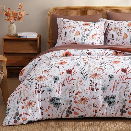 CASAAGUSTO Queen Comforter Set, 7 PCS White Floral Comforter Set with Terracotta Flowers Leaves Pattern, Soft Seersucker Design All Season Queen Bedding Set(90"X90")