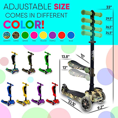 Image of Hurtle 3-Wheeled Scooter for Kids - Wheel LED Lights, Adjustable Lean-to-Steer Handlebar, and Foldable Seat - Sit or Stand Ride with Brake for Boys and Girls Ages 1-14 Years Old