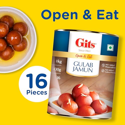 Image of Gits Open & Eat Gulab Jamun Tin, 16 Pieces per Can, Mouth-Watering Indian Mithai, 1Kg (Pack of 3)