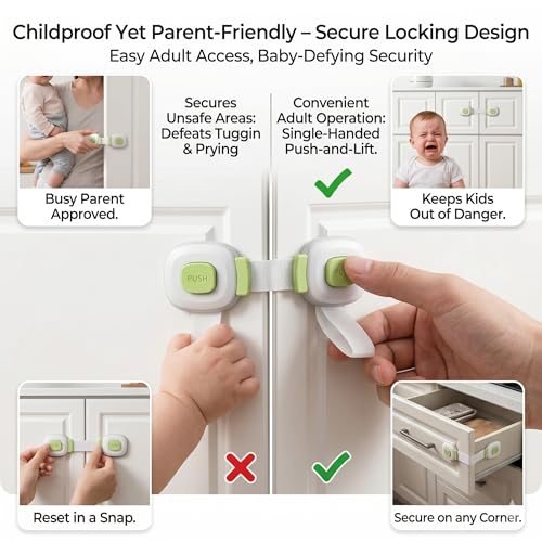 Image of Safe-O-Kid Push Key Multipurpose Child Safety Lock for Cabinets, Drawers, Fridge & Cupboards | Baby Safety Lock with Strong Adhesive | Prevents Finger Pinch Injuries | Pack of 2, (Green)