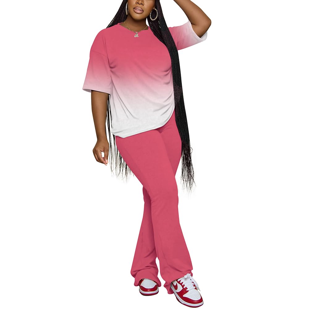 PINSV Women 2 Piece Outfits Short Sleeve Top and Flare Pants Lounge Sets Tracksuit
