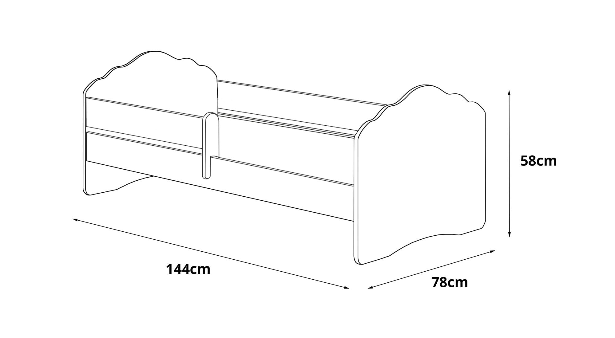 Dmora Einzelbett für Kinder, Kinderbett, Bett mit Rausfallschutz und Kopfteil in Wolke, 144 x 78 x 58 cm, Farbe Weiß