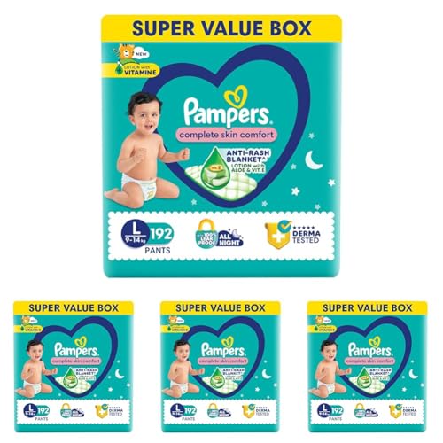 Image of Pampers Complete Skin Comfort Pants, Large (L), 192 Count Anti-rash blanket, Lotion with Vitamin E & Aloe Vera, 9-14kg (Pack of 4)