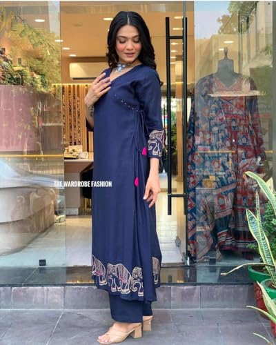 Image of Women's Rayon Embroidered Straight Kurti with Pant Set