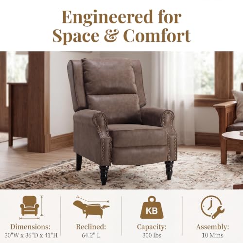 Image of Leather Recliner Chair, Pushback Recliner Chair with Adjustable Backrest Footrest, Mid Modern Reclining with Overstuffed Arms Lumbar Support for Reading, Living Room, Coffee Brown