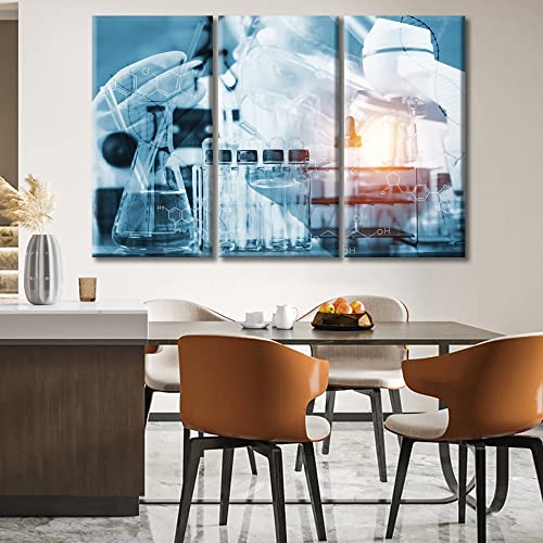 Image of Scientist with Equipment Canvas Wall Art 3 Piece Clinical Laboratory Wall Art Medical Art Prints Wall Decor Living Room Giclee Wooden Framed Gallery-Wrapped Ready to Hang, 60 inch Wx40 H