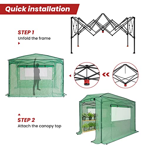 OUTFINE 8'x12' Portable Greenhouse Pop-up Greenhouse Indoor Outdoor Plant Gardening Canopy, 2 Roll-Up Zipper Doors and 4 Side Windows，Green - Thumbnail 2