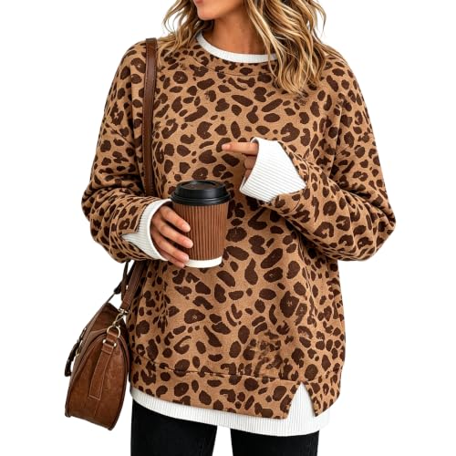 Oversized Crewneck Sweatshirt Women Y2K Leopard Print Patchwork Sweatshirt - image 2