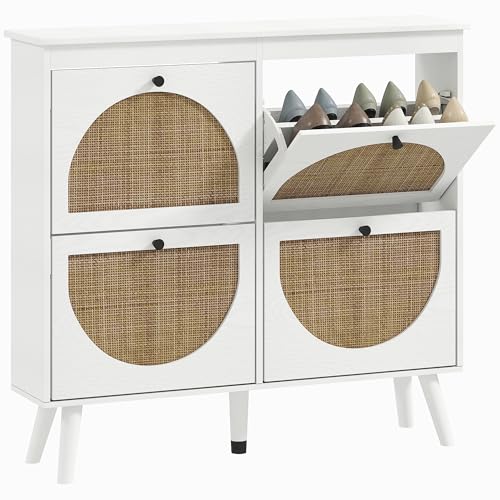 HOMCOM Mueble Zapatero 4 Puertas 20 Pares con Estante Regulable Estilo Bohemio Patas de Madera Maciza 105 x 24 x 97,5 cm Blanco