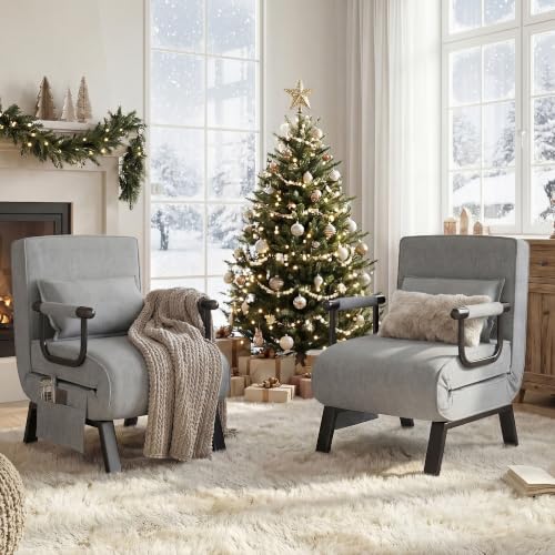 Image of TYBOATLE Sleeper Chair Bed Set of 2, Folding Futon Sofa Bed, Light Grey | Comfy, Small, Cozy, Convertible, 5 in 1, Adjustable Backrest, Side Pockets, Pillow, Small Spaces, Office, Dorm