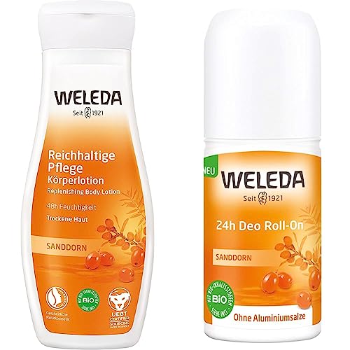 WELEDA Bio Bodylotion Sanddorn Reichhaltige Pflege – Vitalisierende Naturkosmetik Körperlotion spendet bis zu 48h intensive Feuchtigkeit. (1x 200ml) & Bio Sanddorn 24h Deo Roll-on