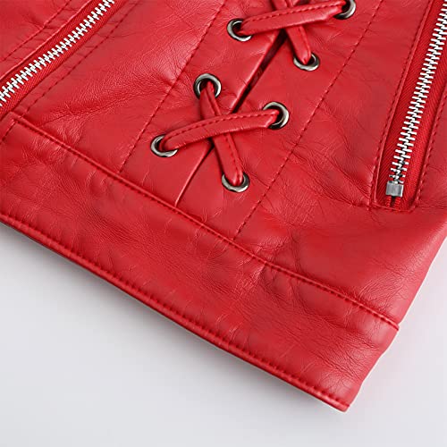 5665 Women Waterproof Pu Leather Jackets, Cropped Stand Collar Zipper Biker Jacket Fitted Cycling Motorcycle Coats Red, Womens Summer Tops, Xx-Large #TOP5