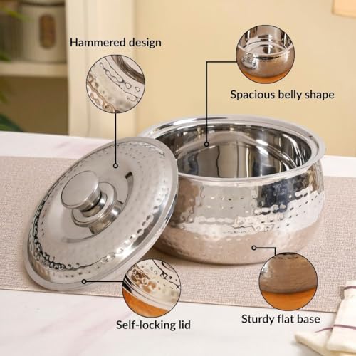 Image of Nestasia Stainless Steel Insulated Casserole with Lid (1500 ml) - 100% Food Safe Hammered Roti Server with Self Locking Lid - Retains Heat & Freshness | Rust Resistant & BPA - Free Chapati Casserole