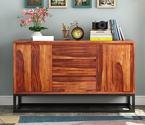 Image of Solid Sheesham Wood Wooden Sideboard Storage Cabinet : Ideal for Living Room and Bedroom with 3 Drawers and 2-Shelf Storage (Ray, Honey Finish)