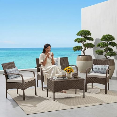 Image of OUTLIVING Outdoor Sofa Set || Balcony Sofa || Patio Furniture Sets || Indoor Sofa|| Wicker Rattan Garden Sofa Set with Cushion and Center Table (4 Seater-Brown-Beige)
