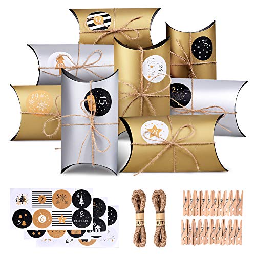 CENXINY Calendrier de l'Avent, 24 Noël Calendrier Boites Cadeau Sacs en Papier avec 24 Autocollants Numérotés - Calendrier de l'avent Maison Guirlande de Cadeaux de Noël (Or et Argent)