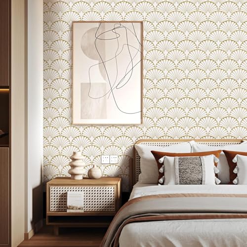 Image of Veki Luxury Floral & Botanical Geometric Wallpaper Mural - Waterproof, Moisture-Proof, Self-Adhesive PVC Wall Sticker for Home & Hotel Decoration (45cm x 300cm) (White Gold)