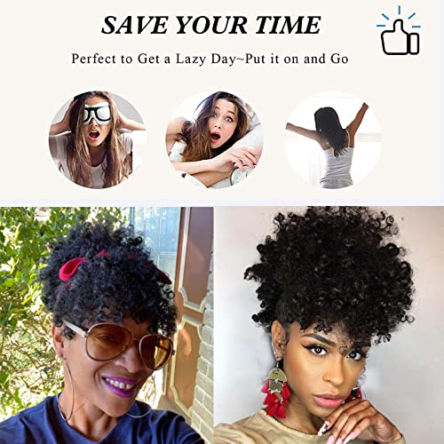 Leosa Afro Puff Drawstring Ponytail Bun With Bangs Heat Resistant Synthetic Short Kinky Curly Ponytail Updo Hair Extensions With Two Clips,Natural Looking Curly Women Hairpieces (#4-Dark Brown) #TOP4