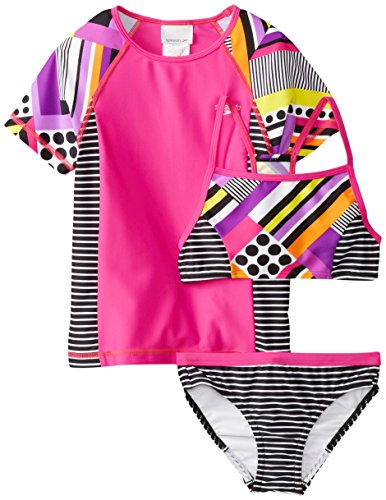 Speedo Big Girls' Poptical Stripes Rashguard Three Piece Swimsuit Set