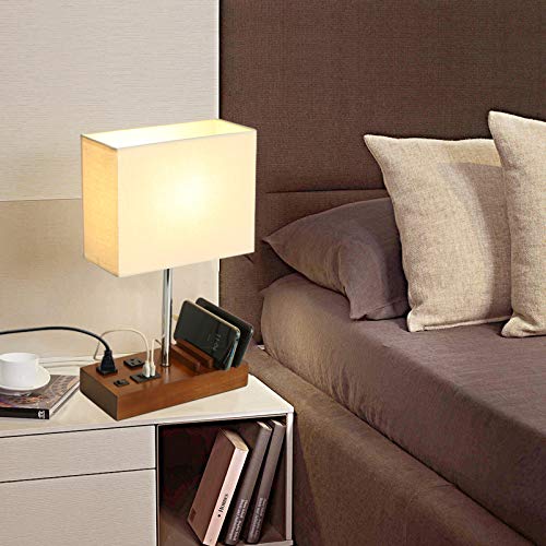 Briever Usb Table Lamp, Multi-Functional Bedside Desk Lamp With 2 Ac Outlets, 3 Usb Charging Ports And Wooden Phone Stands, Modern Nightstand Lamp For Bedroom, Guest Room, Office #TOP4