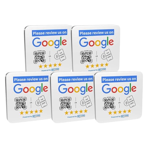Revuzee Google Review Counter Plate (5 Pack) | Google Review Tap Card and QR Code Sign | NFC and Custom QR Code Sign for Business | Includes Analytics and Customizable Landing Page | 3M Adhesive Backing | 4”x 4