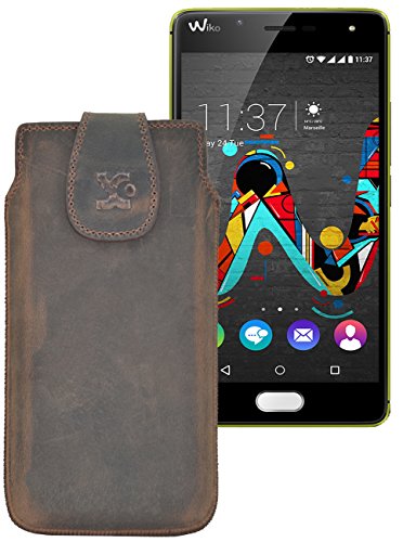 Suncase Étui de protection en cuir pour Wiko U Feel Prime Marron antique